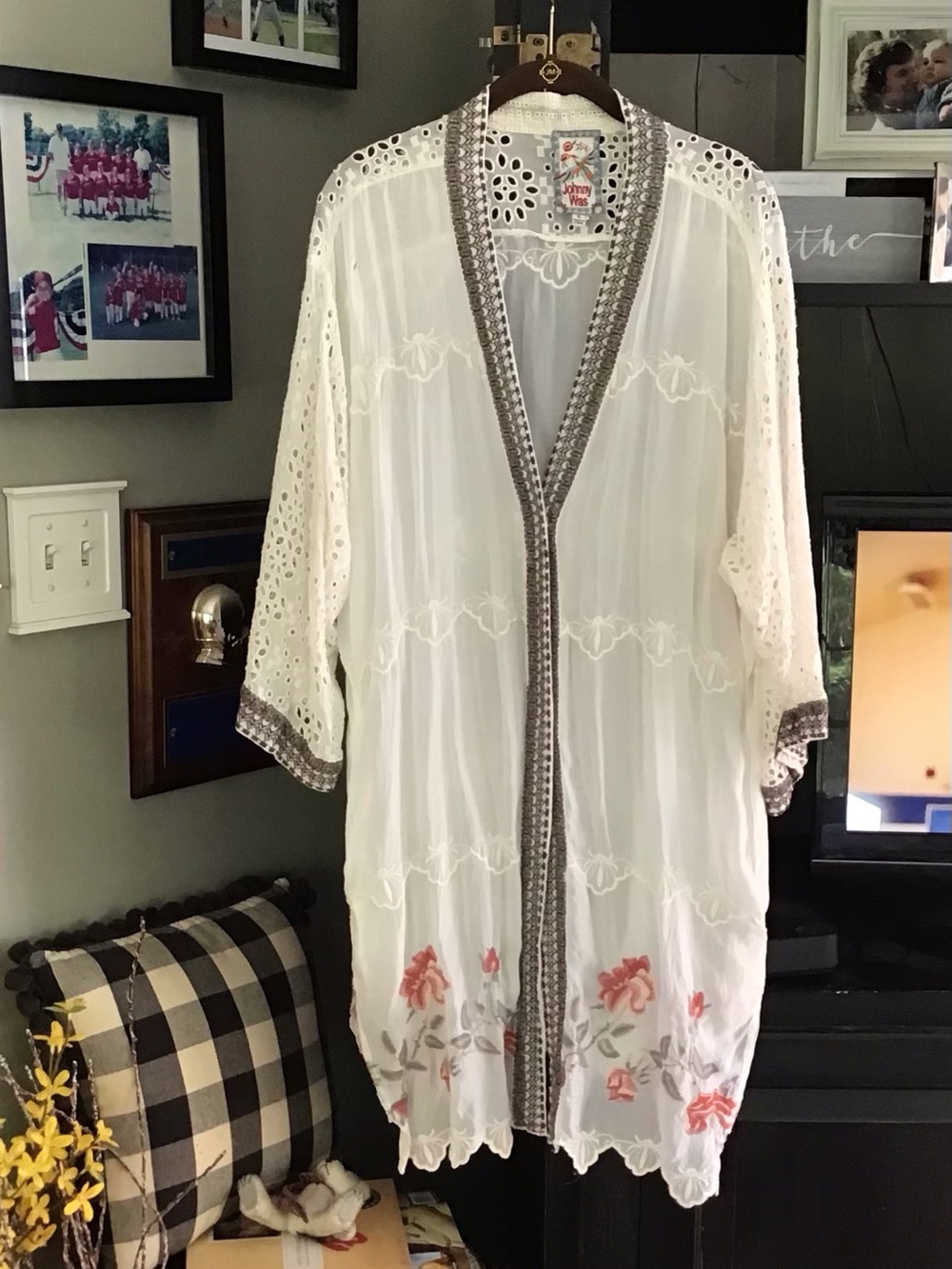 Johnny was-new, no tag - kimono, midi duster, Embroidered white XL
